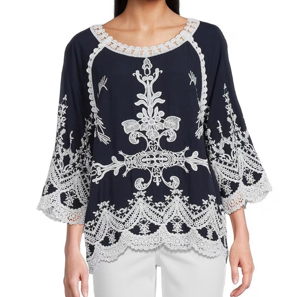 NWT Leo and Nicole Woven Embroidered Scalloped Lace Trim Blouse Size 2X - Picture 7 of 9